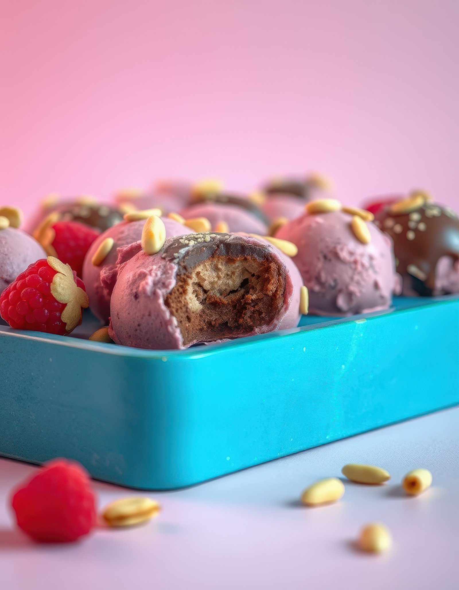 Colorful dessert bites with raspberry and chocolate coating served on a blue tray